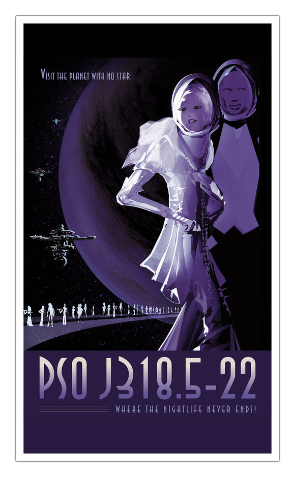 Visit the Planet With No Star – PSO J318.5-22 – Where the Nightlife Never Ends 13”x22” Vintage Style Showprint Poster - Home Astronomy Decor Wall Art Print