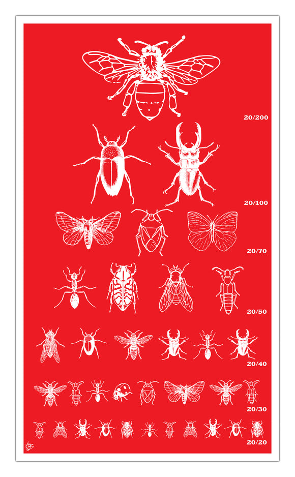 Red Insect Seeing Eye Chart 13”x22” Vintage Style Showprint Poster - Home Nostalgia Decor Wall Art Print - Kristy Joyce Artist Edition