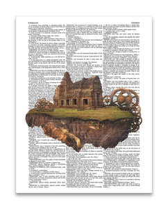 Floating Temple & Gears 8.5"x11" Semi Translucent Dictionary Art Print