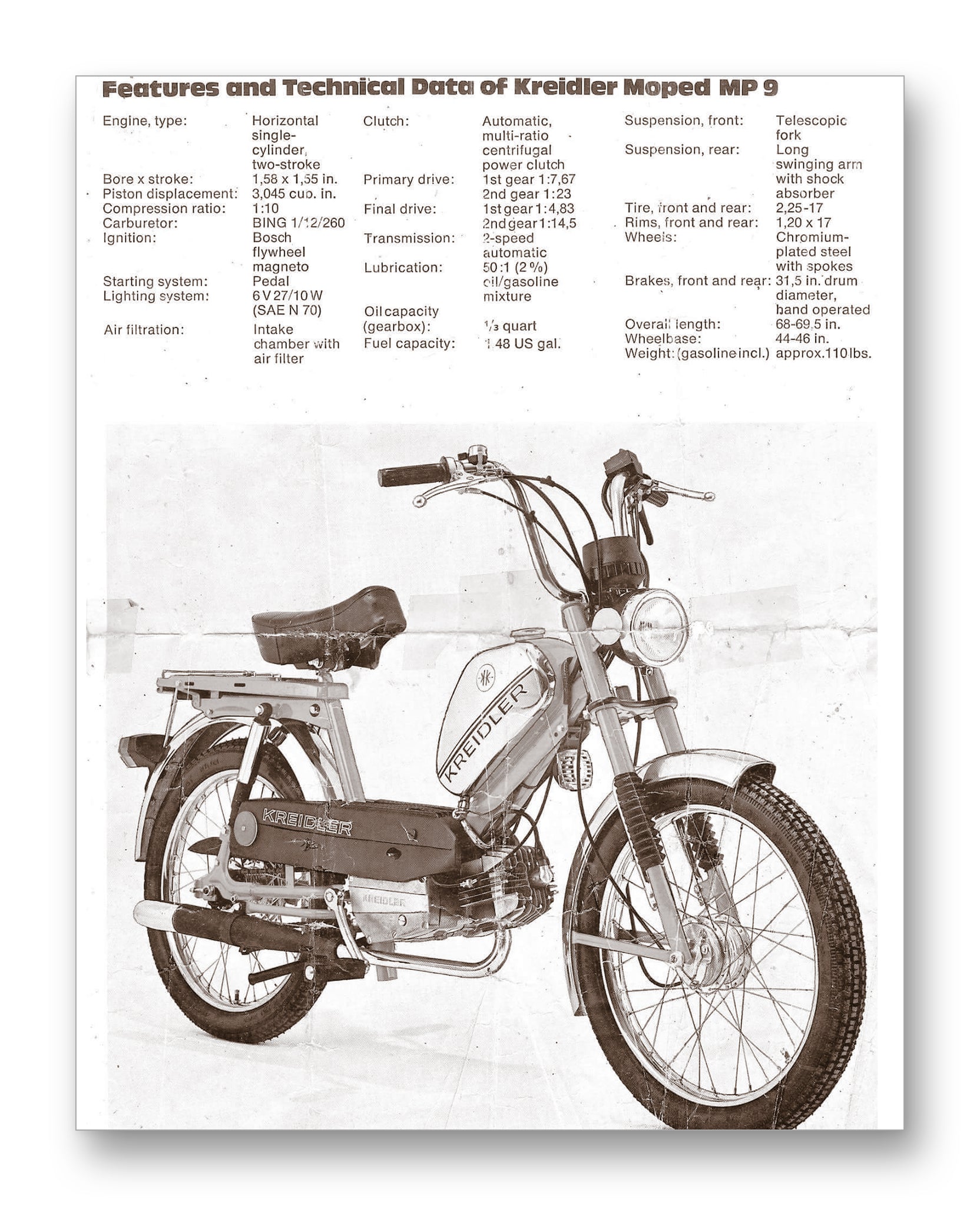 Kreidler Moped Tech Specs 11 x 14 Mono Tone Print (Choose Your Color –  Per Diem Printing